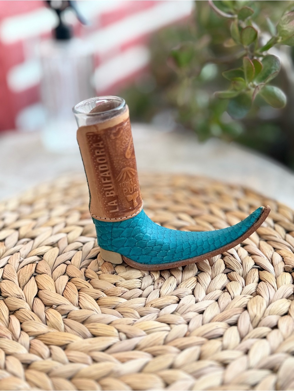 Blue Leather Boot shot glass, handmade.
